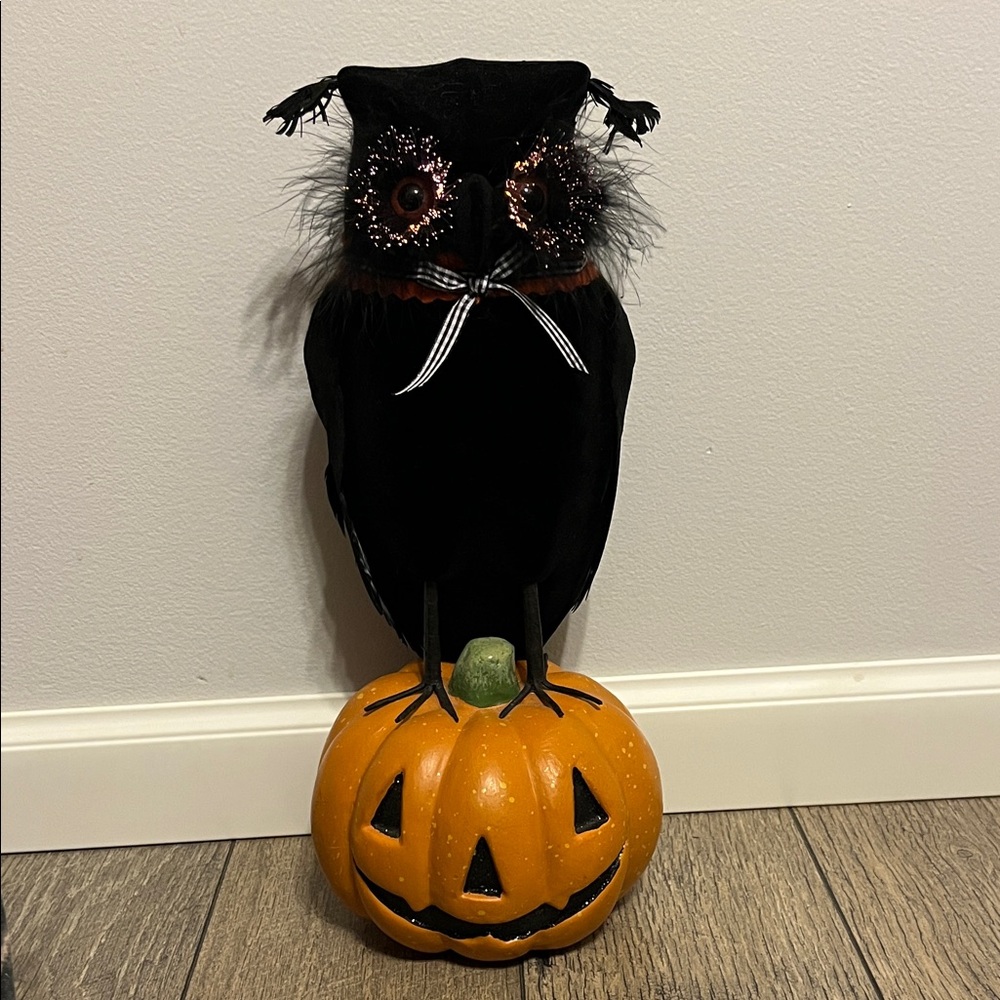 Black Owl Perched on top of Jack o’lantern, Battery Operated